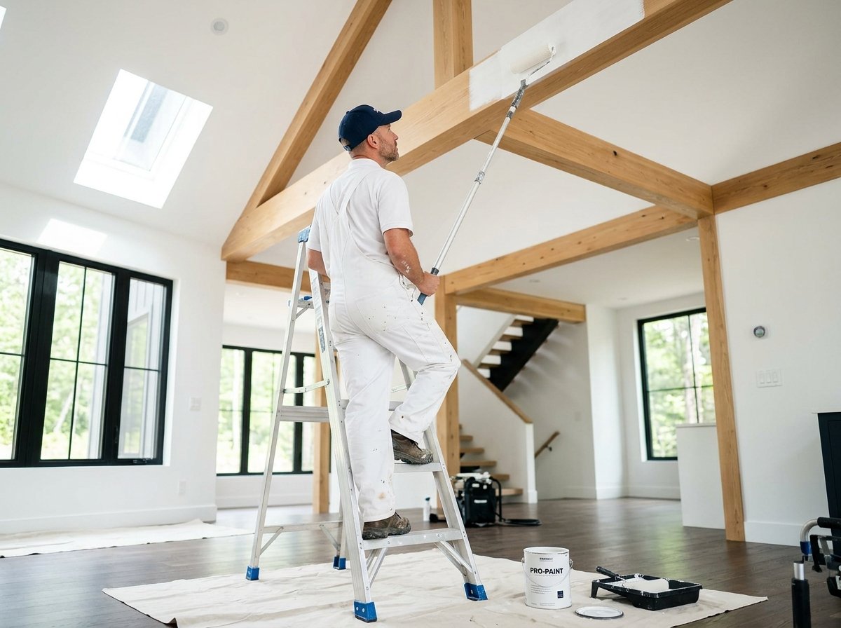 Professional painter in white uniform painting high ceiling beams